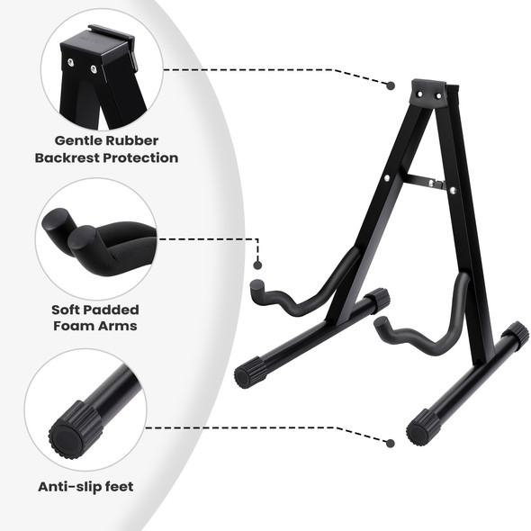 Guitar Stand with Wall Mounted Hook, Stable and Secure, A Frame Acoustic and Bass Guitar Stand with Padded Foam Arms, Rubber Backrest, Anti Slip Feet, Foldable Universal Electric Guitar Stand