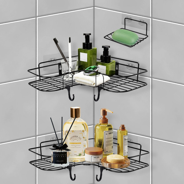 Pack of 2 Bathroom Shower Caddy with Soap Dish Holder, Rust Resistant Shower Caddy, Suction Storage, Self Adhesive and Hanging Hook Design, Space Saving, Toiletries, Shampoo, Corner Caddy Holder