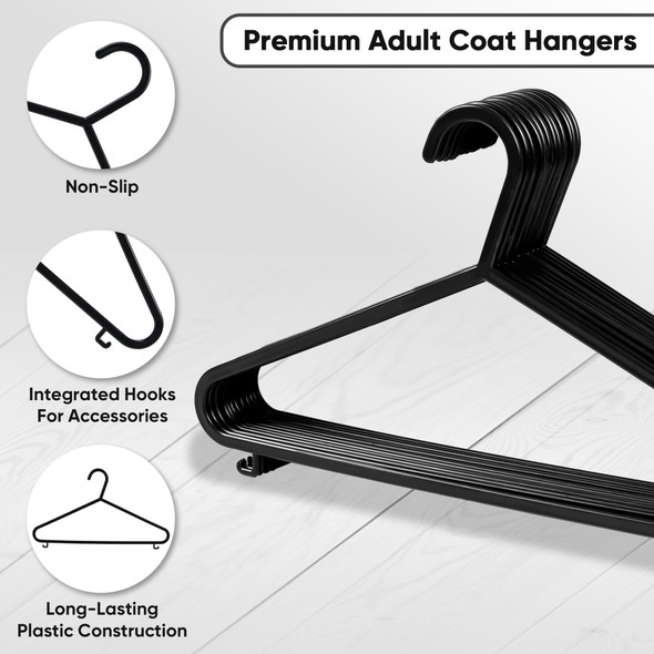 Pack of 25 Premium Plastic Coat Hangers, Adult Black Clothes Hangers, Anti Slip Wardrobe Organiser, Hangers with Hooks, Space Saving and Durable Hangers for Jackets, Trousers, Shirts, Pants, Men and Women Use