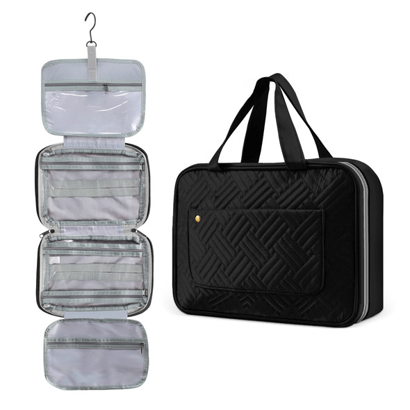 Hanging Toiletry Bag with Transparent Pockets, 4 Compartments, Double Zippers with Hook, Comfortable Carry Handle, Waterproof Fabric, Foldable and Space Saving, Cosmetic Makeup Hanging Wash Bag