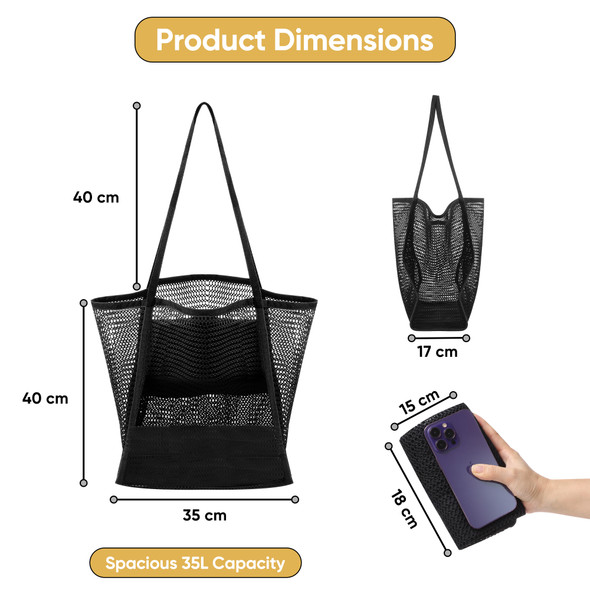 Mesh Beach Bag, Lightweight and Foldable Mesh Tote Bag with Zipper Pockets, Comfortable Handles, Waterproof Bottom Lining, Travel Summer Shoulder Large Beach Bag for Vacation, Swimming Pool, Picnic