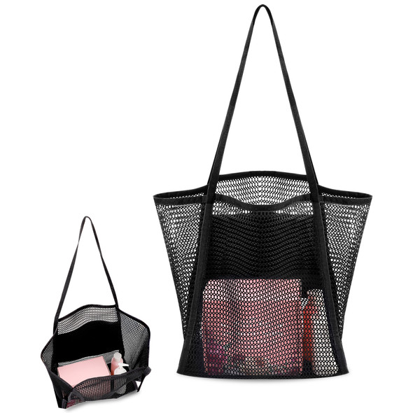 Mesh Beach Bag, Lightweight and Foldable Mesh Tote Bag with Zipper Pockets, Comfortable Handles, Waterproof Bottom Lining, Travel Summer Shoulder Large Beach Bag for Vacation, Swimming Pool, Picnic