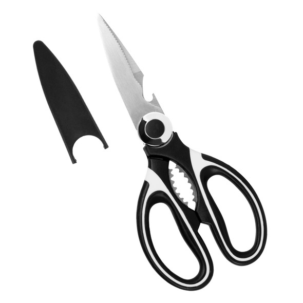 Heavy Duty Kitchen Scissors with Protective Cover, Multipurpose Food Scissors for Kitchen Use, Stainless Steel Meat Scissors, Scale Scraper, Nut Cracker and Bottle Opener, Sharp Fish Cutting Scissors