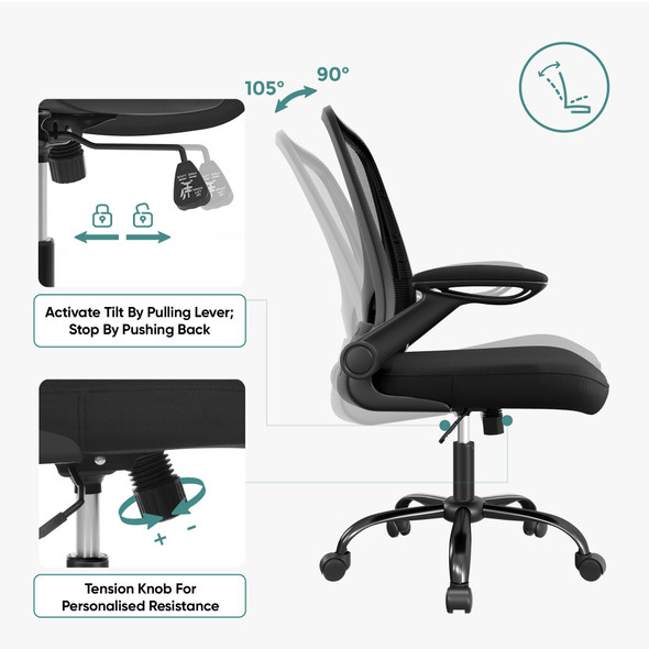 Ergonomic Office Chair with Folding Padded Armrest, Adjustable Height Settings, Sturdy Steel Frame, 360° Rolling Wheels, Lumbar Support Computer Desk, Gaming Drafting Chair for Office, Home, Bedroom