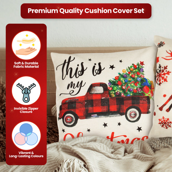 Christmas Cushion Covers, Set of 4 Christmas Design Cushion Covers, Soft and Durable Spun Polyester Fabric with Invisible Zipper Closure, Long Lasting Colours, Decorative Christmas Pillow Covers