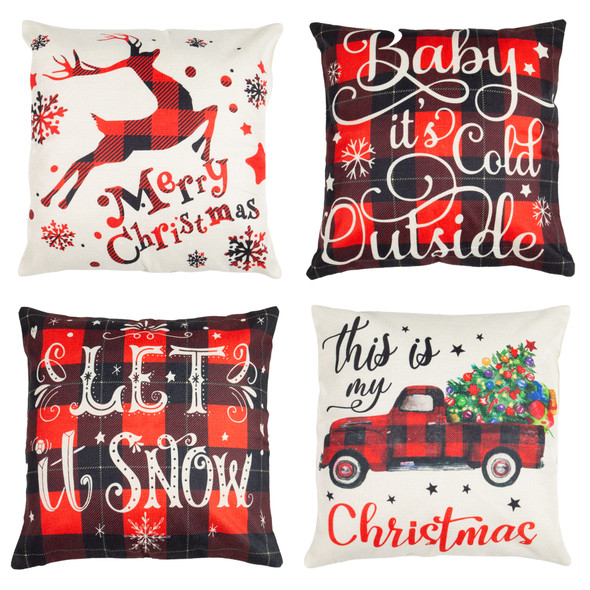 Christmas Cushion Covers, Set of 4 Christmas Design Cushion Covers, Soft and Durable Spun Polyester Fabric with Invisible Zipper Closure, Long Lasting Colours, Decorative Christmas Pillow Covers