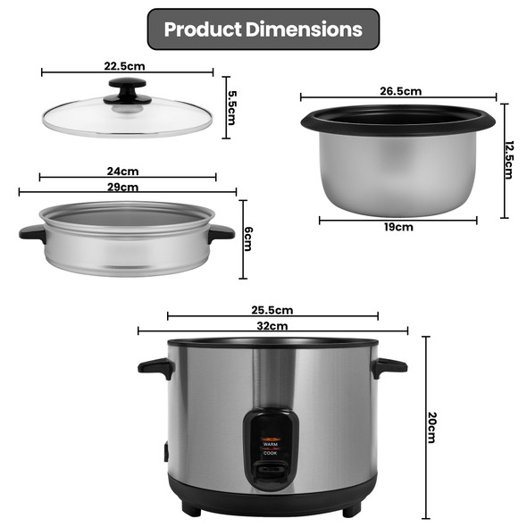 1.8L Rice Cooker and Steamer with Stainless Steel Housing, Removable Non Stick Bowl, Measuring Cup and Spatula, Tempered Glass Lid with Steel Vent, Cook and Warm Function, Automatic Cooking