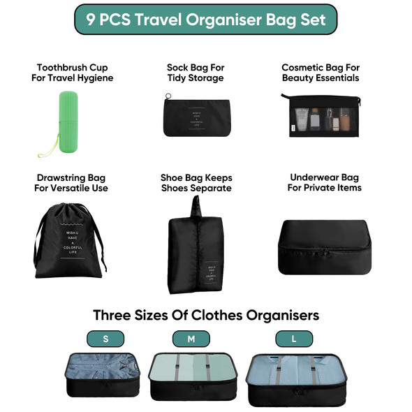 9Pcs Packing Cubes for Suitcases, Portable and Space Saving, Double Zippered Suitcase Organiser Bags with Buckle Design for Shoes, Cosmetics, Toiletries, Waterproof Travel Cubes, Storage Bags