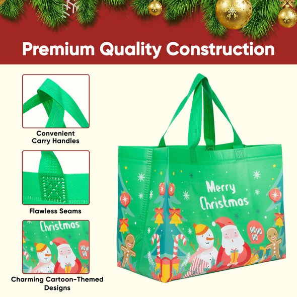 12 Pack Christmas Gift Bags with Convenient Carrying Strap, Colourful Designs, Non Woven Fabric, Reusable Gift Bags for Christmas, Holiday Presents, Shopping, Party Supplies, Large Space
