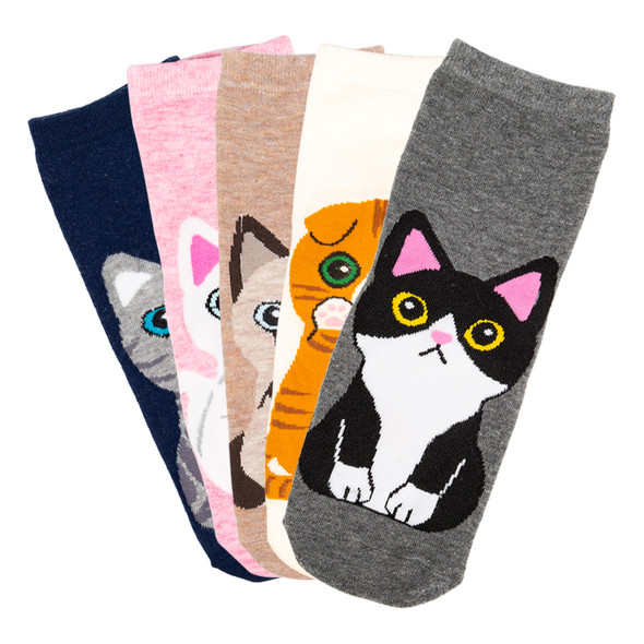5 Pairs Women Funny Cat Socks, Soft and Comfortable Cotton Animal Socks, Secure Fit and Breathable, Cute Cat Socks, Perfect Gift for Cat Lovers, Ladies Novelty Socks, Warm Casual Girl Socks