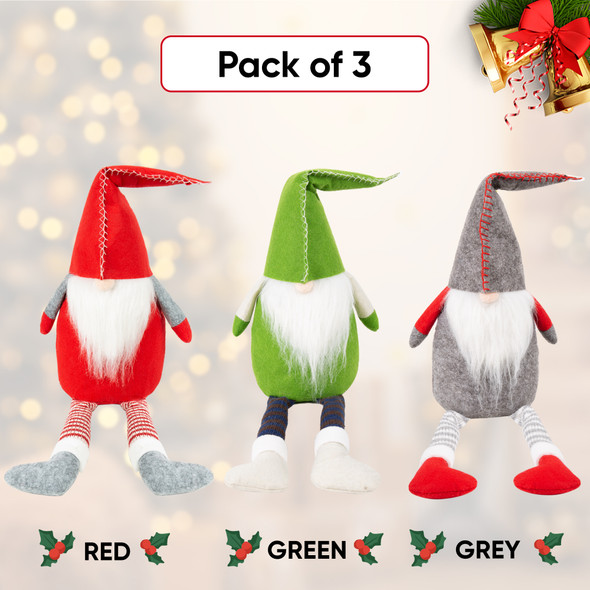 3 Pack Christmas Gnomes Decorations, Soft Christmas Gonks with Thick Long Beards, Long Legs, Tightly Sewed Swedish Christmas Decorations, Ornaments, Plush Figurines, Santa Elf, Fireplace, Home Decor