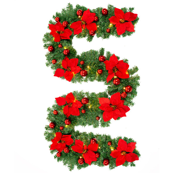 9ft Christmas Garland with Lights, Prelit Christmas Garland for Fireplace, Stairs, Christmas Balls, Flowers and Baubles, Festive Holiday Décor, DIY Christmas Ornament, Front Door Hanging Decoration