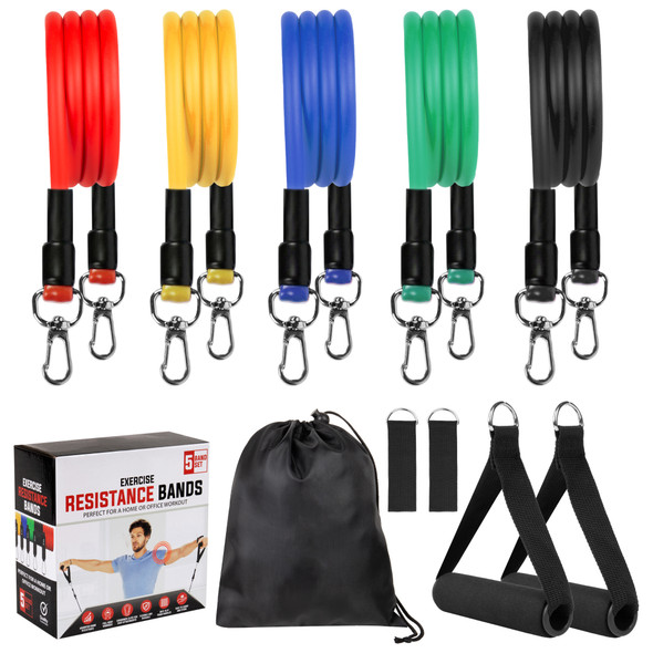 5Pcs Resistance Bands Set for Men, Women, Flexible and Durable Natural Latex, Exercise Bands with Carabiner Clips Attachment, 2 Foam Handles, 2 Ankle Straps with Carry Bag, Up to 150LB, Home, Gym, Yoga