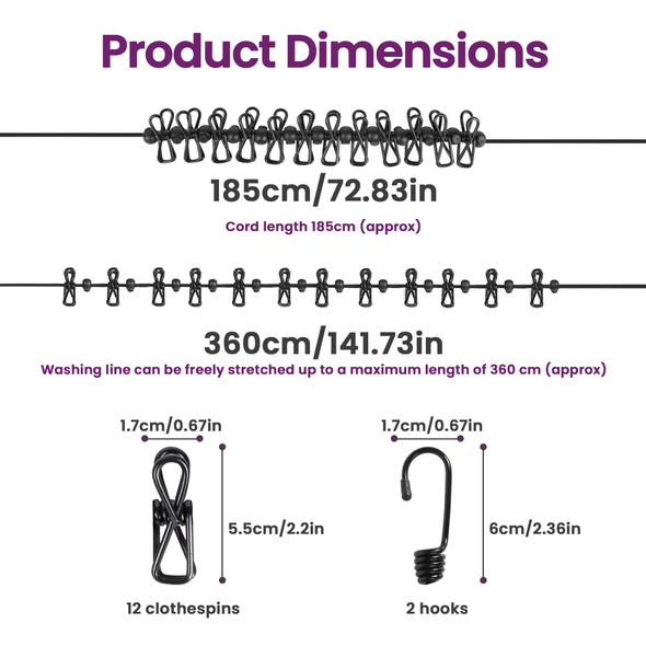 Portable Travel Clothes Line with 12 Wire Clips, Elastic and Retractable Travel Washing Line, Adjustable and Non Slip, Windproof Rope, Camping, Travel Washing Line for Hotel, Balcony, Laundry Drying