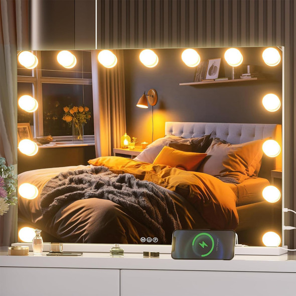 Hollywood Vanity Mirror with Lights, 15 Dimmable LEDs Vanity Mirror, 3 Lighting Modes, Smart Touch Screen Control, Makeup Dressing Tabletop Lighted Mirror with USB Charging Port for Bedroom