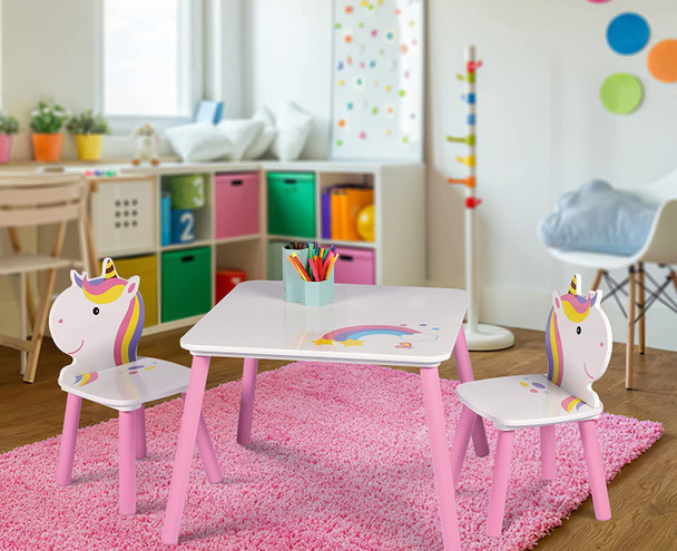 Albert Austin Wooden Kids Table And Chairs Sets | Children Table And Chairs Set | Unicorn Kids Table | Kids Chairs | Kids Furniture | Multi-Purpose Table And Chairs For Toddlers | White And Pink