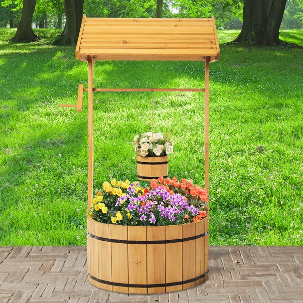 Garden Wishing Well Planter, Wooden Outdoor Planter with Hanging Bucket, Lightweight and Portable Design, Weather Resistant and Easy to Assemble, Perfect for Yards, Gardens, and Patios