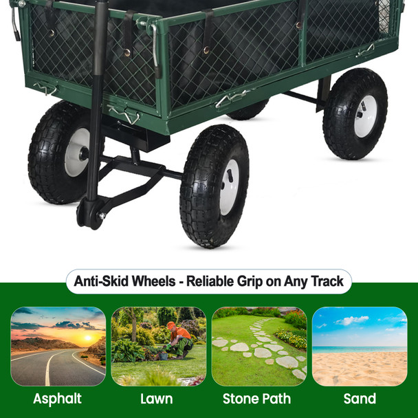 Heavy Duty Garden Trolley with 4 Wheels, 300kg Load Bearing Capacity, Stainless Steel Frame, PVC Tarpaulin, Big Rubber Wheels with Rotatable Handle, Removable Sides, Pull Along Mesh Trolley, Outdoor Cart for Festivals, Picnics, Camping, Gardening