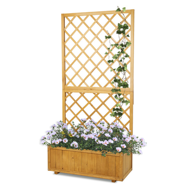 Freestanding Garden Trellis Planter for Climbing Plants and Hanging Baskets, Lattice Wooden Garden Planter with Soil Bed, Easy to Assemble, Rectangular Flower Pot for Yard, Lawn, Backyard and Patio Decor