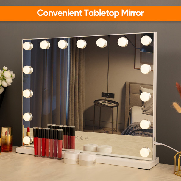Hollywood Vanity Mirror with Lights, 15 Dimmable LEDs Vanity Mirror, 3 Lighting Modes, Smart Touch Screen Control, Makeup Dressing Tabletop Lighted Mirror with USB Charging Port for Bedroom