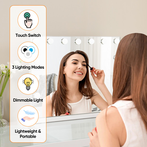 Hollywood Vanity Mirror with Lights, 15 Dimmable LEDs Vanity Mirror, 3 Lighting Modes, Smart Touch Screen Control, Makeup Dressing Tabletop Lighted Mirror with USB Charging Port for Bedroom