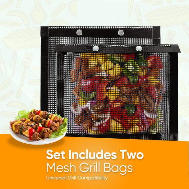 2 Pcs BBQ Grill mesh bags, Non Stick and Reusable Grill Bags with Snap Button, Heat Resistant Easy to Clean Pouches Suitable for Gas Charcoal and Electric Grills