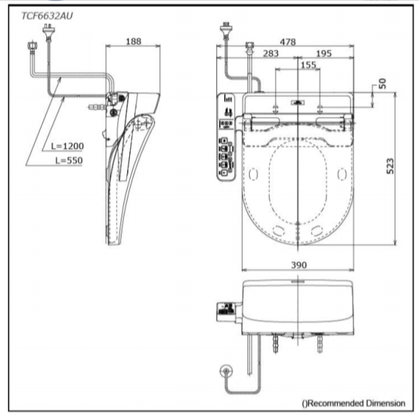 TOTO WASHLET TCF6632AU with Side Control (DShape)