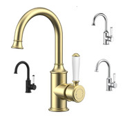 Clasico Gooseneck Basin Mixer White Ceramic Handle in Chrome, Matt Black, Brushed Nickel, Brushed Gold Clasico Gooseneck Basin Mixer White Ceramic Handle in Chrome, Matt Black, Brushed Nickel, Brushed Gold