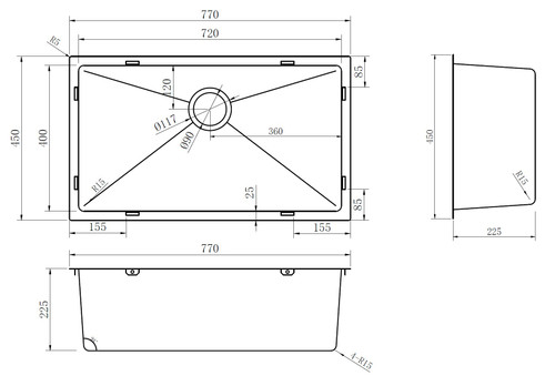NORMANDY CUBE ROUND CORNER SINGLE BOWL SINK 720 UNDERMOUNT OR DROP IN
