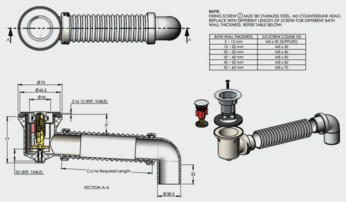 Matt Black POP DOWN® Bath Plug & Waste 40mm & Connector