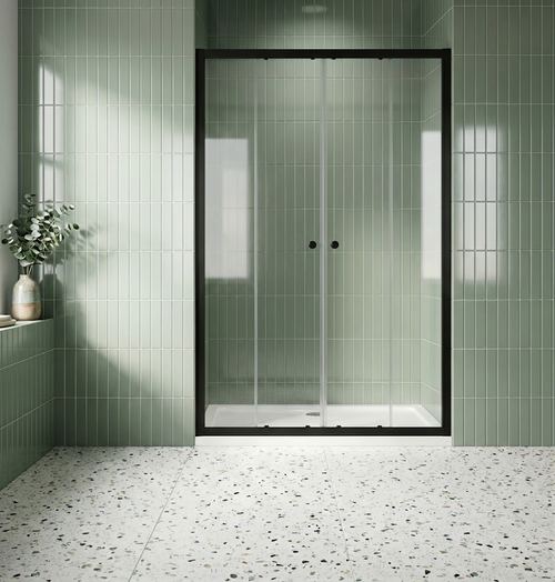 Semi Frameless Double Sliding Door Shower Screen Black  Wall to wall OR L shape