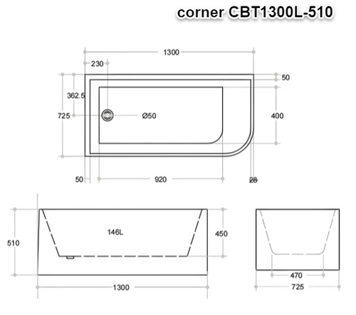 Corner Multi Fit Free Standing Bathtub Shower Bath Gloss White 510mm(height)