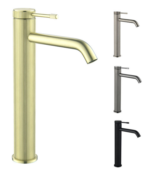 Mica Fluted Stainless steel Tall Basin Mixer Curved Spout - Matt Black, Brushed Nickel, Gun Metal Grey and French Gold  Mica Fluted Stainless steel Tall Basin Mixer Curved Spout - Matt Black, Brushed Nickel, Gun Metal Grey and French Gold
