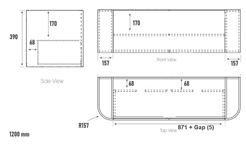 Seaford Curve Rouned Fluted Corner 1200 mm Vanity - Optional Stone Bench Top - ALL DRAWERS