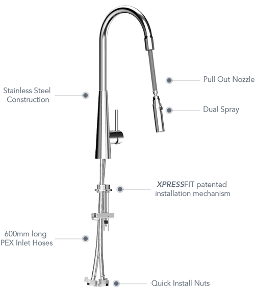 X CALIBRE Gooseneck Retractable alfresco Pull Out Mixer with Dual Spray - 316 Marine Grade Stainless Steel