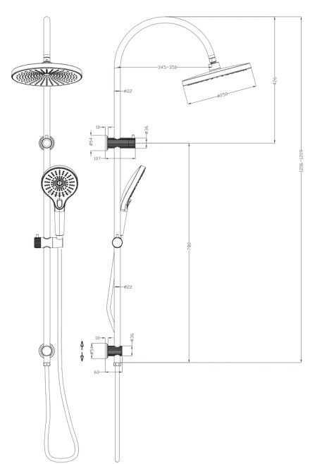 Mica Fluted Gooseneck Dual Shower Rail Combo Round