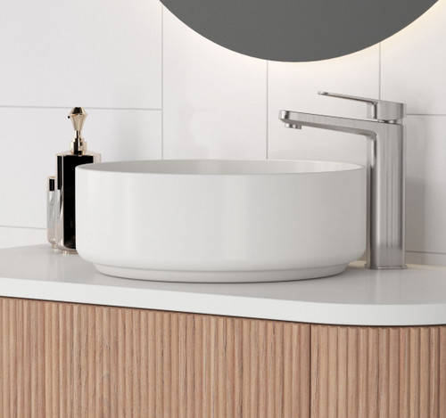 HALF WAVE Satin White Curve Rouned Fluted Corner 1355 mm Vanity - Optional Stone Bench Top