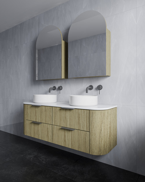 Wave Twin American Oak Fluted Corner TWIN 1800 mm Vanity - Optional Stone Bench Top - ALL DRAWERS