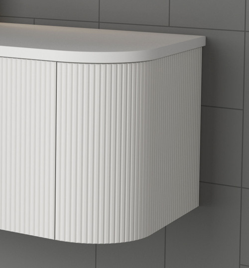 Satin White Curve Rouned Fluted Corner On Kickboard 750 mm Vanity - Optional Stone Bench Top - ALL DRAWERS