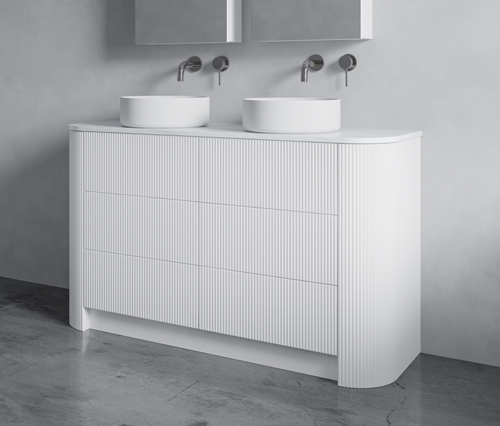 Satin White Curve Rouned Fluted Corner On Kickboard 1500 mm Vanity - Optional Stone Bench Top - ALL DRAWERS