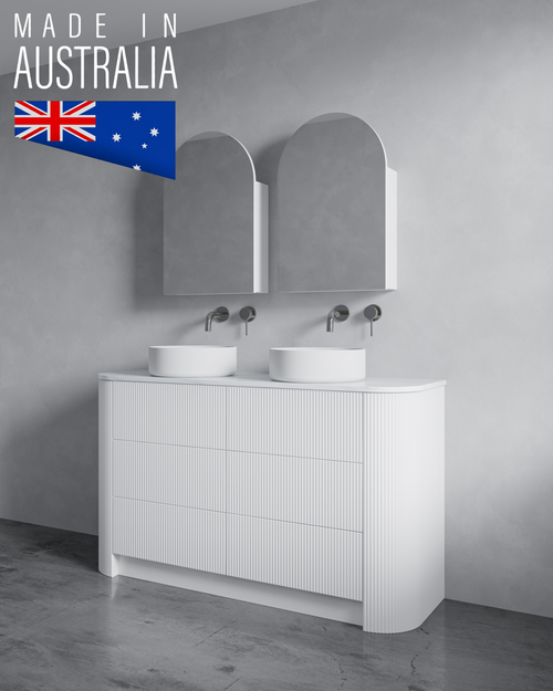 Satin White Curve Rouned Fluted Corner On Kickboard 1500 mm Vanity - Optional Stone Bench Top - ALL DRAWERS