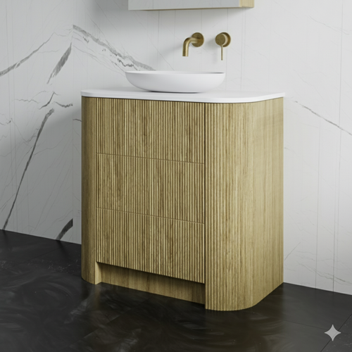 Wave American Oak Fluted Corner On Kickboard 1200 mm Vanity - Optional Stone Bench Top - ALL DRAWERS