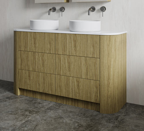 Wave American Oak Rouned Fluted Corner On Kickboard 1500 mm Vanity - Optional Stone Bench Top - ALL DRAWERS