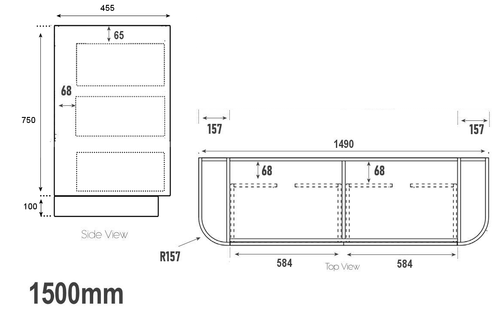 Wave American Oak Rouned Fluted Corner On Kickboard 1500 mm Vanity - Optional Stone Bench Top - ALL DRAWERS