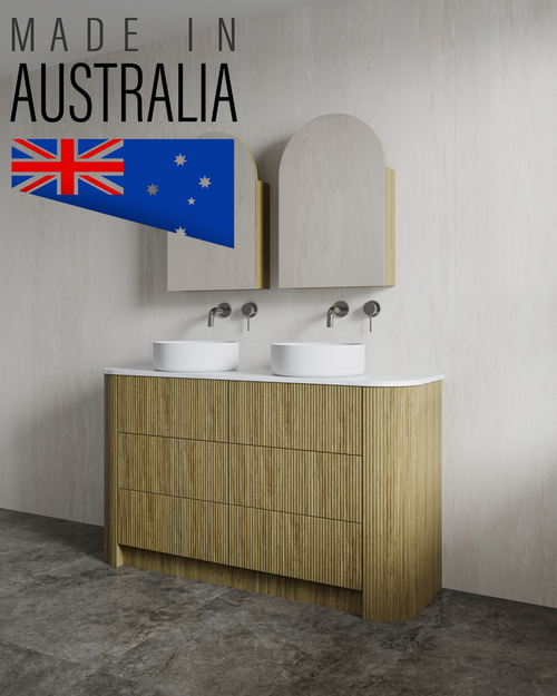 Wave American Oak Fluted Corner On Kickboard 1800 mm Vanity - Optional Stone Bench Top - ALL DRAWERS