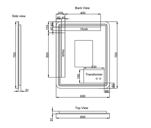 Riva Front Lit & Back Lit Led Mirror Rectangle Framed with Easy Hooks and Dimmer
