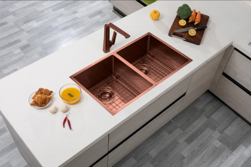 PVD Rose Gold / Bronze 304 Stainless Steel Hand-made Double Bowl Kitchen Sink 820*457*230MM