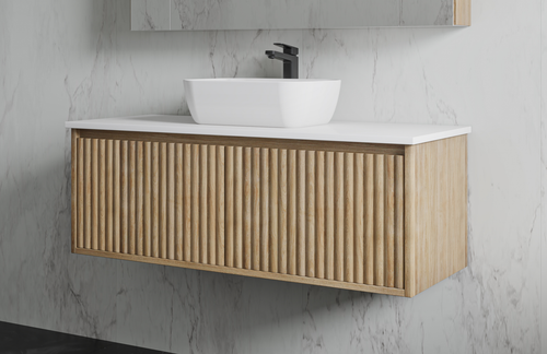 Meadow Oak Convex Reeded Dowel 1500 mm Wall Hung Vanity - Optional Stone Bench Top - ALL DRAWER