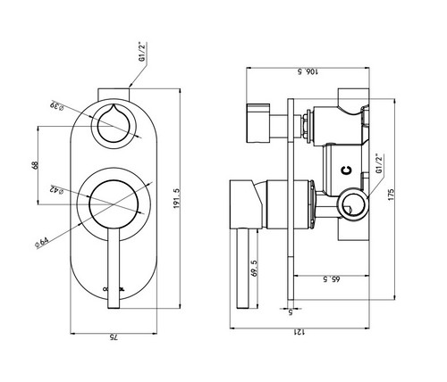 Linsol Gigi S3 304 Stainless Steel Bath Shower Wall Mixer with Divertor - Gun Metal Grey 