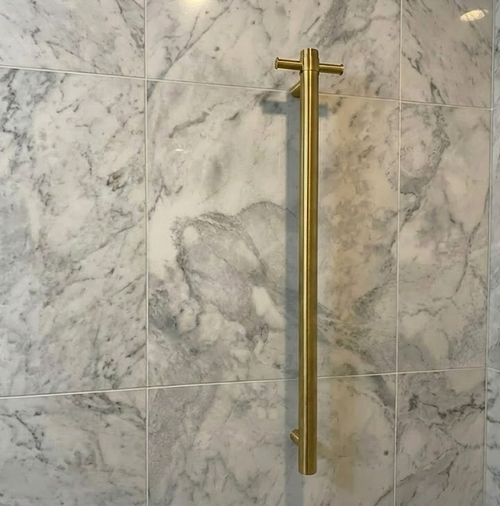 Brushed Gold Stainless Steel Single Heated Vertical Towel Rail with Hook